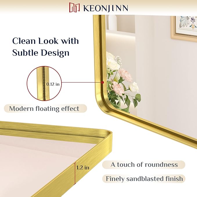 Keonjinn Gold Bathroom Mirrors for Wall 42” x 20” Large Rounded Rectangle Gold Vanity Mirror, Brushed Brass Mirror with Metal Frame, HD Tempered Glass, Decorative Farmhouse Mirror(Horizontal/Vertical)