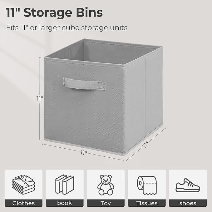 11 Inch Fabric Storage Bins, Storage Cubes, Collapsible Cube Storage Box, Fabric Closet Organizers with Handle for Home, Office, Shelf, Closets, Bedroom, Living Room, Grey, 5 Pack