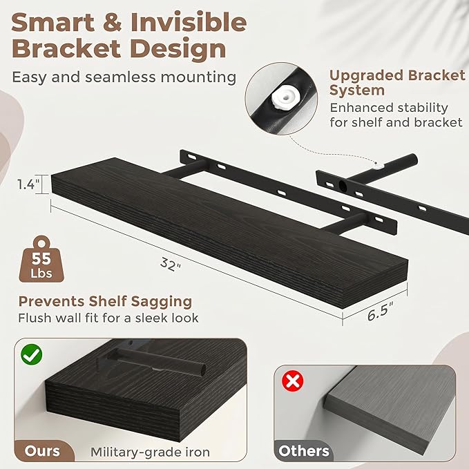 Venusmiles Floating Shelves for Wall, 32 Inch Floating Shelves Set of 2, 6.5" D Wooden Wall Mounted Display Shelves with Invisible Brackets for Living Room, Bedroom, Bathroom, Kitchen Decor, Black