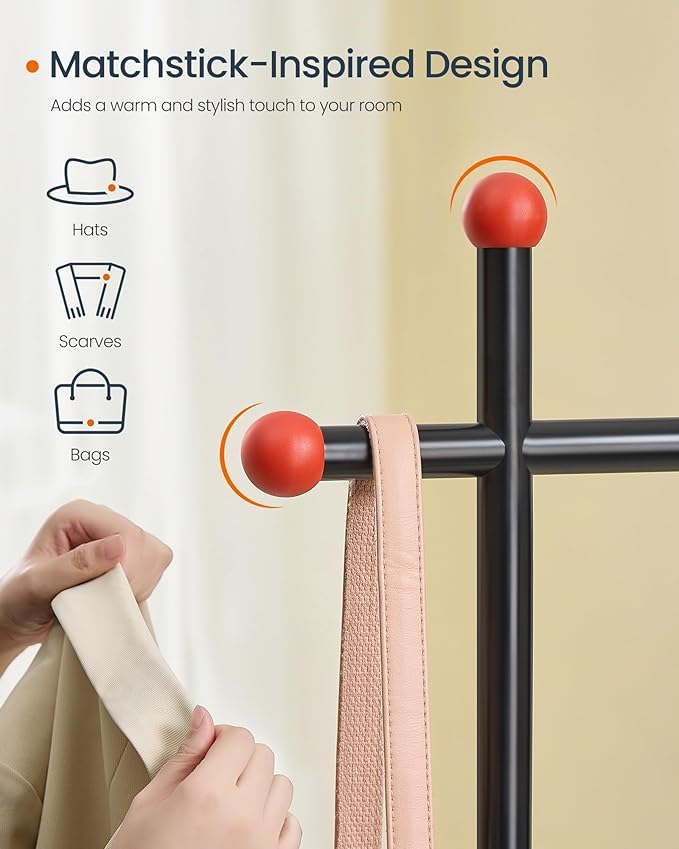 SONGMICS HOME Clothes Rack, Clothing Rack on Wheels, Portable Garment Rack, with 1 Clothes Hanging Rail, Matchstick-Shaped Hooks, Ink Black UHSR170B01