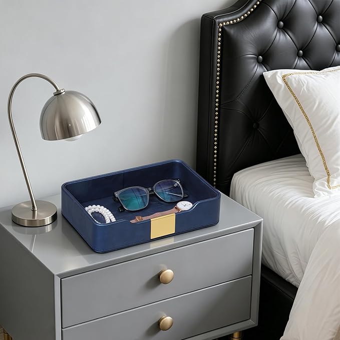 10.2" x 6.7" Nightstand Organizer Tray with Gold Accent, Decorative Valet Trays Cologne Organizer for Men, Key Bowl Perfume Trinket Tray for Dresser Bedside Entryway Table (Navy Blue)