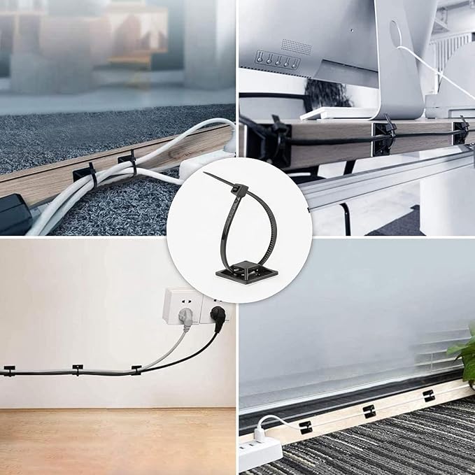 50 Set Cable Zip Tie Self Adhesive Mounts Kit with 6" Zip Ties, 3/4" Wire Holders Squares, Screws - Sticky Wire Fasteners Cable Clips Management Anchors Organizer