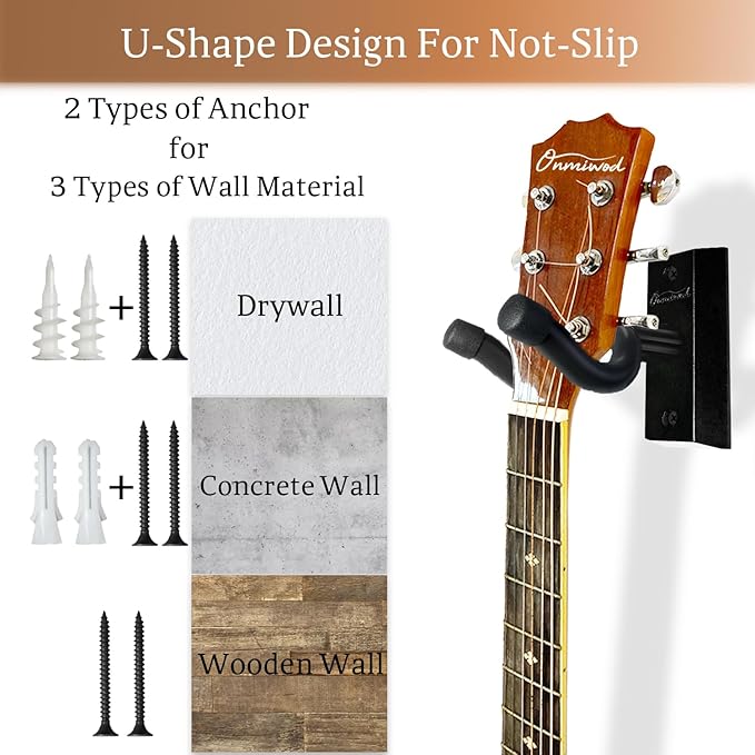 Onmiwod Guitar Wall Mount 2 Pack, Real Hardwood Guitar Hanger, U-Shaped Guitar Wall Hanger Mount, Guitar Holder Hook Stand for Acoustic, Electric Guitar, Banjo, Bass, Gift for Guitar Player Men Boy