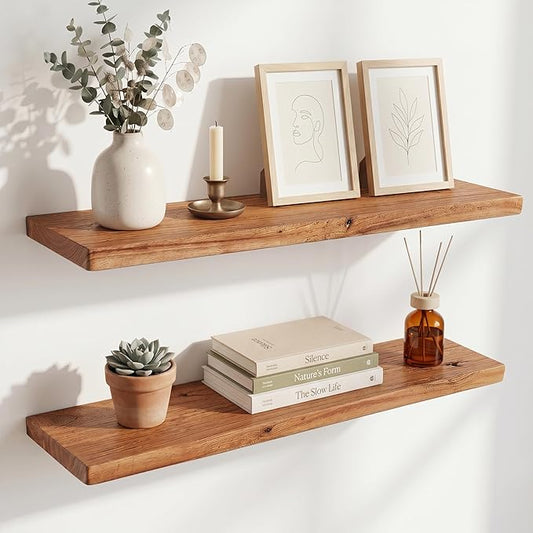 36 Inch Floating Shelves, Solid Wood Wall Shelves, 8 Inch Deep Floating Shelf – for Bathroom, Bedroom, Living Room, Kitchen, Home Decor & Storage, Heavy-Duty Wooden Shelf Wall-Mounted, Set of 2