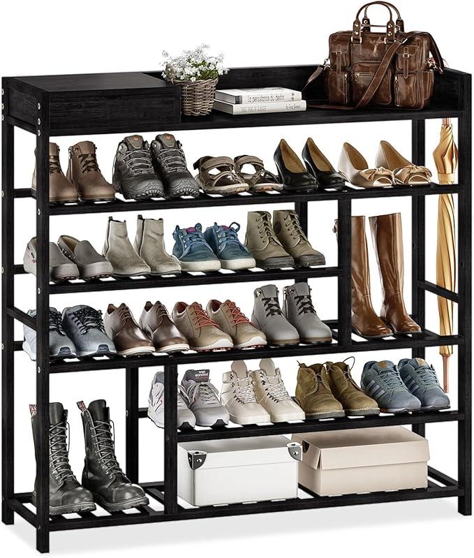 Bamworld Shoe Rack for Front Door Entrance Bamboo Shoe Organizer with Storage Box Free Standing Shoe Cabinet Shoe Storage Shelf for Entryway, Closet and Doorway (Black)