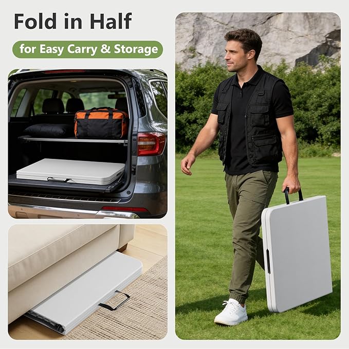 Folding Table, 8 FT Foldable Plastic Table with Carrying Handle, Heavy Duty Portable Fold-in-Half Utility Table for Party, Camping, Banquet, Craft, Wedding, Indoor & Outdoor Use