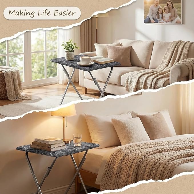 Tv Trays Folding Tv Table, Dinner Table for Eating with Sturdy Metal Frame, Small Foldable Snack Trays Table for Living Room, Couch,Sofa, Bed, No Assembly Required (Black Marble 2-Piece Set)