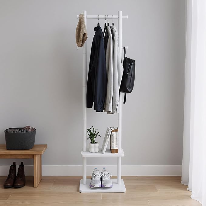 Wooden Coat Rack Stand,Heavy Duty Garment Rack with Shelves,Freestanding Clothes Rack Organizer for Entryway Bedroom Living Room(White)