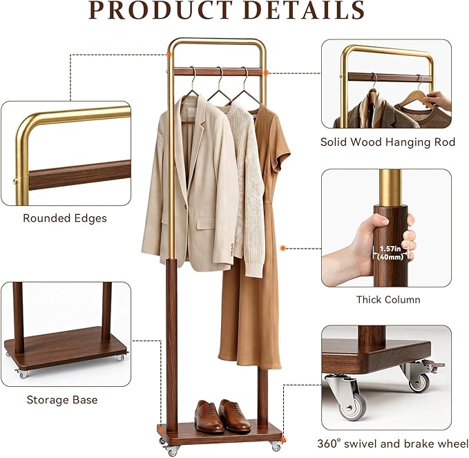 Taitiy Clothes Rack Solid Wood Coat Rack, Metal and Solid Wood Combination Clothing Rack with Wheels for Entryway, Bedroom, Living Room, Coat Racks Freestanding for Hanging Clothes Garment Scarf