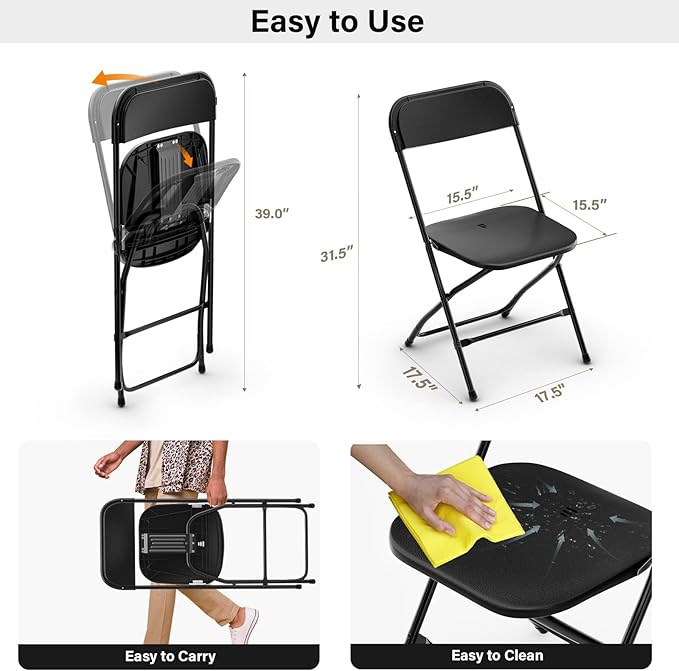 VINGLI Black Plastic Folding Chairs, Set of 2, Heavy-Duty Commercial Seats with Steel Frame, 350 lb Capacity, for Indoor & Outdoor Events, Office, Wedding, Party & Dining (2, Black, S)
