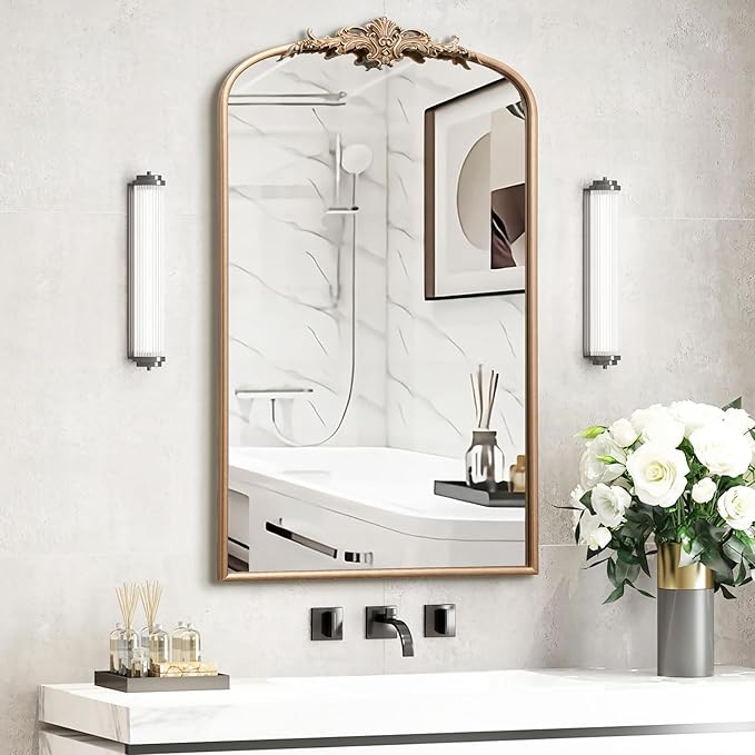 Besdomus Vintage Gold Wall Mirror: 24"x42" French Large Arch Champagne Gold Antique Wall Mounted Mirror - Traditional Ornate Home Decor for Entryway/Fireplace/Bathroom - Baroque Idea for Housewife