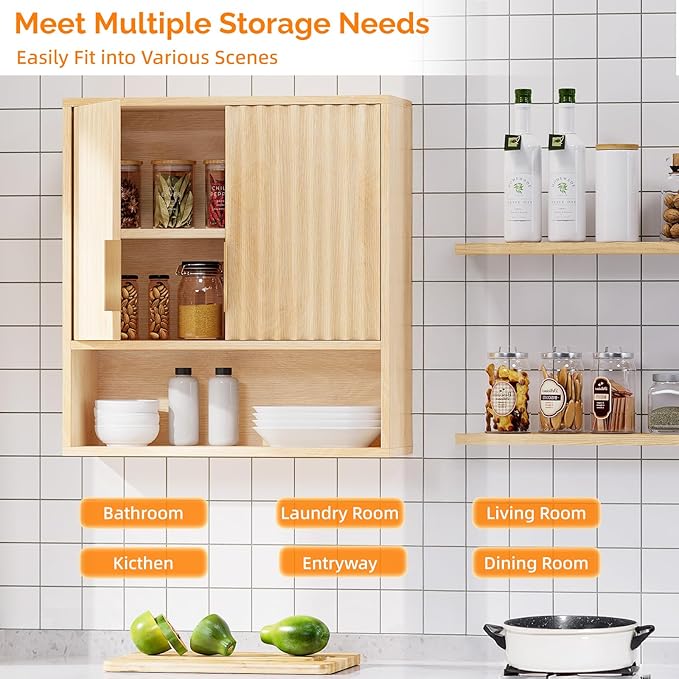 VINGLI Bathroom Wall Cabinet with Fluted Doors, Natural Oak Wall Mounted Medicine Cabinet with Adjustable Shelf, Over The Toilet Storage Cabinet for Bathroom, Kitchen & Laundry Room