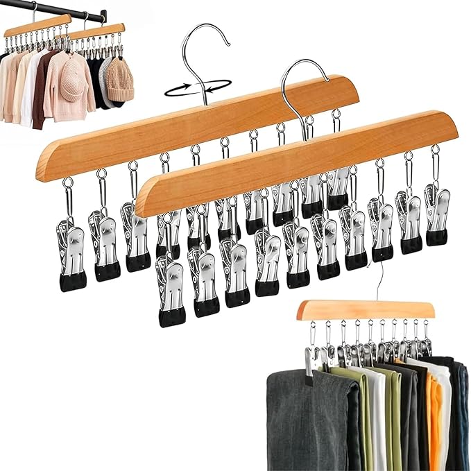 2Pcs Closet Organizer with 10 Clips, 360° Rotating Metal Hanger Clips with Silicone Lining, Space Saving Hanging Closet Organizer, Multi-Purpose Storage Hanger for Jeans Skirts Socks, Vintage Style