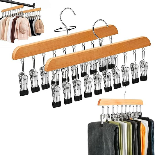 2Pcs Closet Organizer with 10 Clips, 360° Rotating Metal Hanger Clips with Silicone Lining, Space Saving Hanging Closet Organizer, Multi-Purpose Storage Hanger for Jeans Skirts Socks, Vintage Style