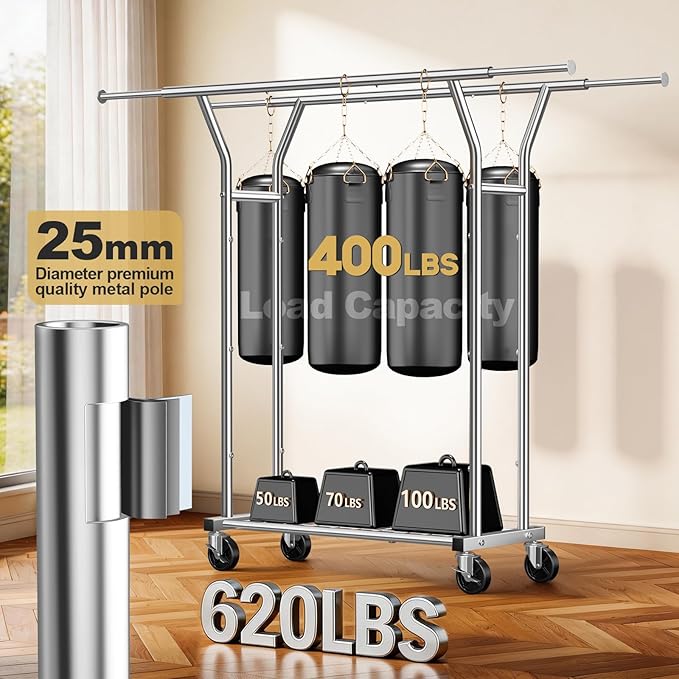 Heavy Duty Clothes Rack - Load 620 LBS, Rolling Clothing Rack for Hanging Clothes with Lockable Wheels & Shelves, Extendable Double Rod Garment Rack for Bedroom, Laundry, Living Room, Silver