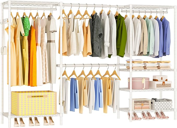 Heavy Duty Garment Rack, Portable Expandable Freestanding 4 Tiers Adjustable Wire Shelves Clothes Rack with 2 Retractable Poles, 70.9-86.6" L x 15.7" W x 76.8" H, Max Load 900LBS, White
