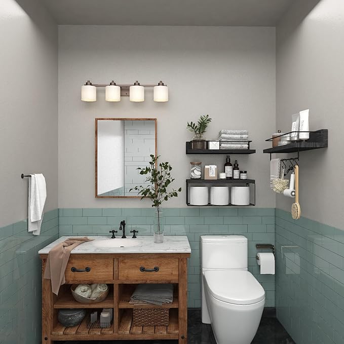PopiShelves Bathroom Shelves Over Toilet for Wall, Floating Shelves with Storage Basket Paper Holer for Kitchen Living Room, Bedroom & Classroom, Set of 3 (Black)