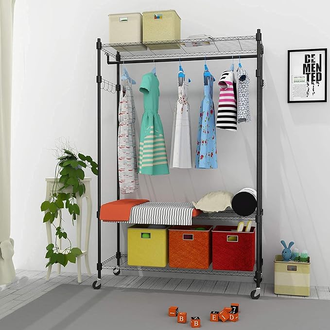 BATHWA Heavy Duty Clothing Racks,47.3"W x 17.7"D x 74.8"H Wide Hanging Space 3 Adjustable Shelving Garment Rack on Wheels Portable Wardrobe for Dress Coat Clothes Organizer Sturdy Metal Construction