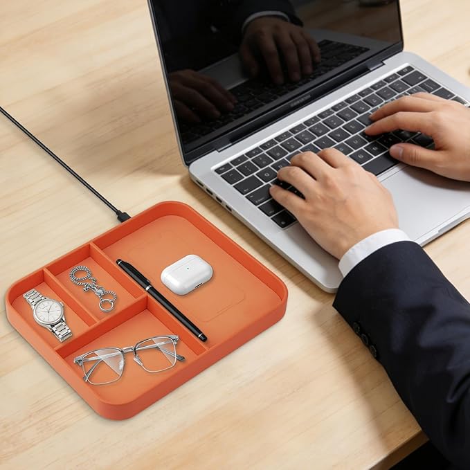 VOVIPO Faux Leather Valet Tray,with 2 in 1 Wireless Charging Compitable With iPhone/17/16/15/15 Plus/15 Pro/15 Pro Max/14/13/12/Wireless earphones,Office/Home Desk Organizers Tray-Orange