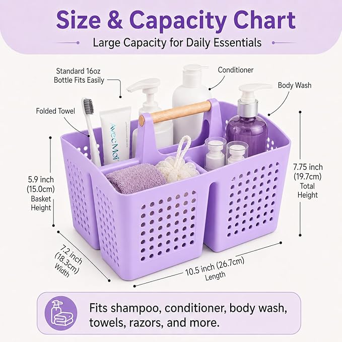 Portable Shower Caddy Basket with Wood Handle, 3-Compartment Bathroom Organizer Tote with Drain Holes, Plastic Shower Basket for Dorm, Toiletries, Cleaning Supplies, Purple