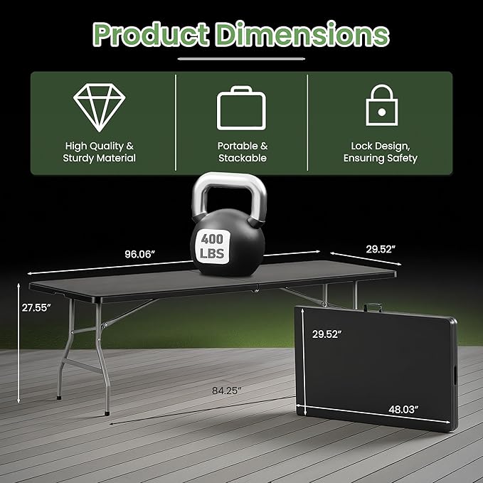 Folding Table 8FT Portable Heavy Duty Plastic Table with Carrying Handle Fold-in-Half Utility Foldable Tables for Parties Wedding Events Dining Indoor Outdoor Picnic (Black)