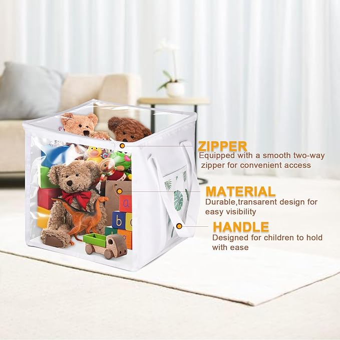 4 Pack Clear PVC Storage Bins with Handles - 12" x 12" Cube Storage Bins Foldable Transparent Storage Box, PVC Organizer Boxes for Clothes, Toys and Stuffed Animal Storage (White)