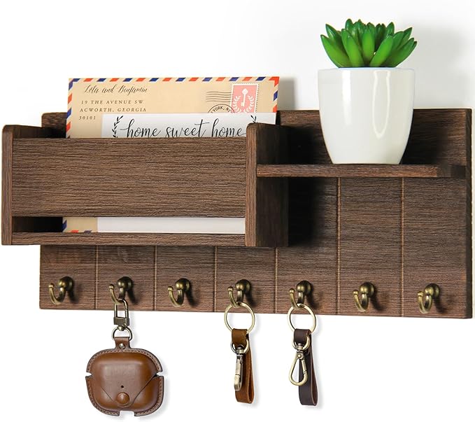 RelaxScene Key Holder Wall Mount - Decorative Key Rack and Mail Organizer with 7 Key Hooks - Wooden Key Hanger with Shelf for Living Room Decor - Rustic Farmhouse Home Entryway Aesthetic Essentials