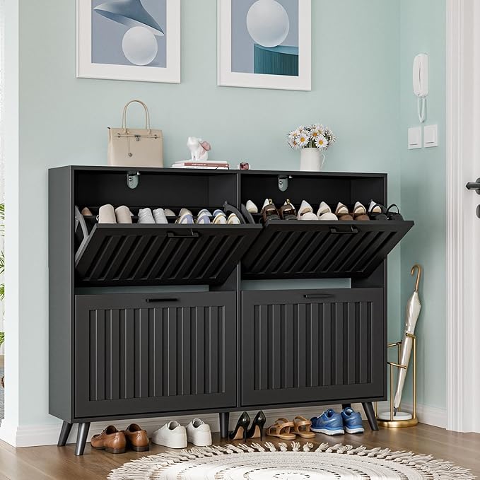 Shoe Storage Cabinet with 4 Flip Drawers, Modern Freestanding Organizer with Adjustable Shelf, Narrow Shoe Rack Cabinet for Entryway, Black