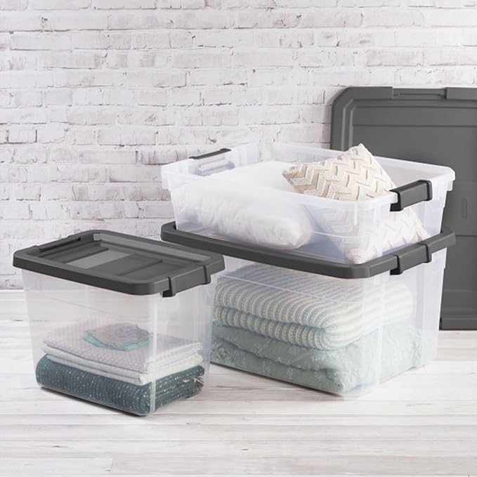 Sterilite 18-Pack Modular Stacker Box, Durable Clear Plastic Storage Bins with Latching Lids, 16 Quart - Stackable Organizing Container Boxes for Closet, Bathroom, and Office