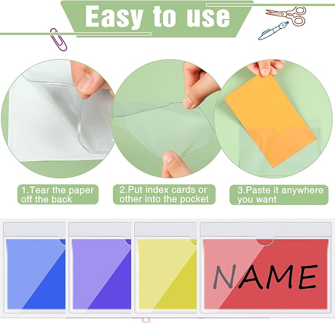 Outus 200 Pack 3 x 5 Inches Self Adhesive Label Pockets Bulk Plastic Labels Holders for Storage Bins Clear Classroom Nameplate Sleeves Index Card Tote Photos Waterproof Protect Office