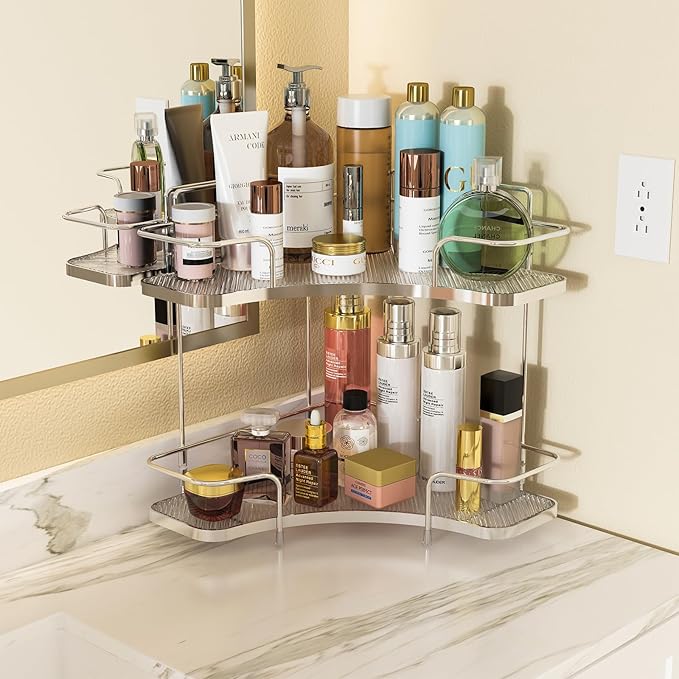 FOLLOWIN 2 Tier Countertop Corner Organizer - Corner Storage for Bathroom Counter, Makeup Cosmetics, Skincare, Perfume Stand Holder, Metal Stable Frame with Clear Acrylic Trays, Silver