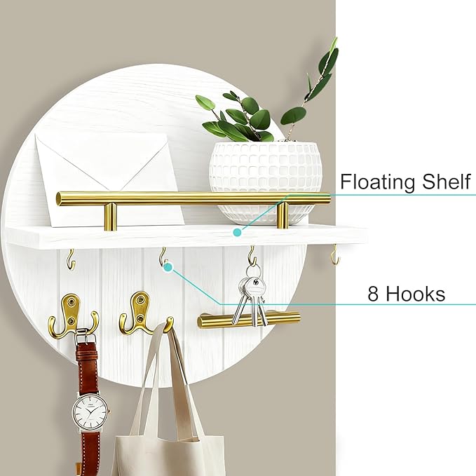 OurWarm Key Holder Wall Mount, 11.8 Inch White Decorative Key and Mail Holder Organizer with 8 Key Hooks, Round Wooden Key Rack Key Hanger with Shelf for Wall Entryway Boho Home Decor