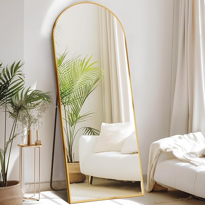 NEWBULIG 63.8"x20.8" Arched Full Length Mirror, Full Body Floor Mirror with Aluminum Alloy Thin Frame, Wall or Standing Mirror for Bedroom, Living Room, Dressing Room, Gold