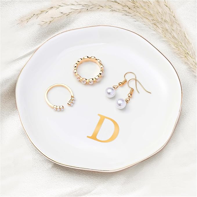 ProCase Ceramic Jewelry Tray, Initial Ring Dish Trinket Plate Engagement Gift, Small Personalized Monogram Ring Bowl for Wedding, White Decorative Jewelry Holder for Women Vanity -Letter D
