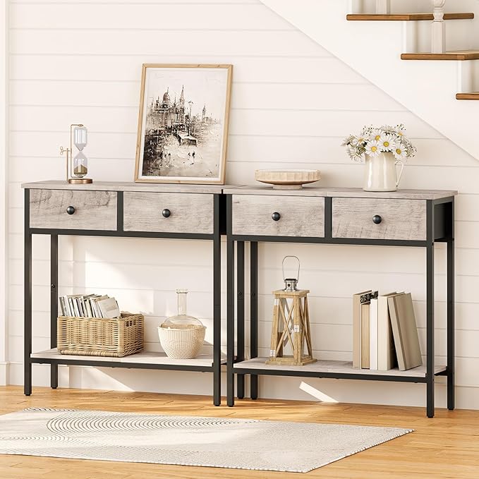 HOOBRO 29.5" Narrow Console Table with 2 Fabric Drawers, Small Entryway Table with 2-Tier Storage Shelves, Sofa Table, Behind Couch Table, for Living Room, Hallway, Greige and Black BG71XG01