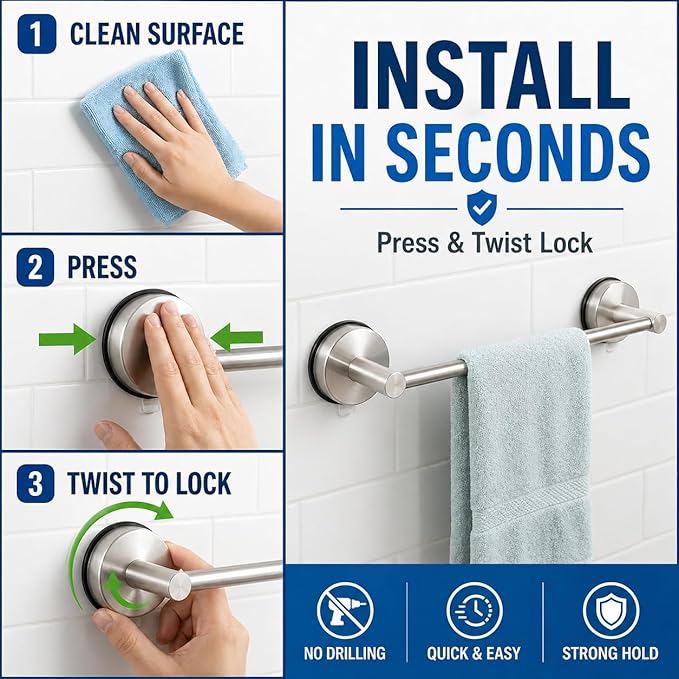 Bathroom Towel Rack, Brushed Nickel Stainless Steel No Drill Towel Holder for Bathroom Adjustable Wall Mounted Towel Rack for Shower Kitchen RV Smooth Tile Glass Mirror and Metal