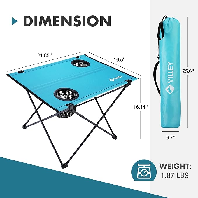 VILLEY Folding Camping Table, Lightweight Portable Beach Table with 2 Cup Holders & Carry Bag for Camping, Beach, Fishing, Travel, and Outdoor Activities(Small)