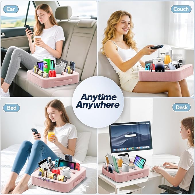 Couch Cup Holder Tray, Couch Caddy for Drink, Snack, Phone, Remote, Ipad, Game Controller, Large-Size Sofa Cup Holder for Bed, Sofa, Car, Desk, Pink