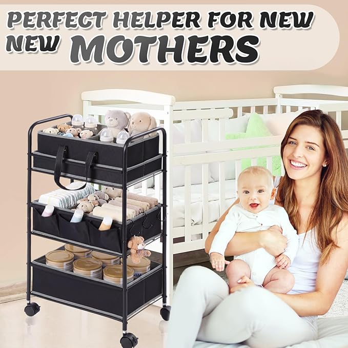 Honeydak 2in1 Baby Diaper Caddy Organizer Cart 3 Tier Large Capacity Metal Utility Bedside Rolling Cart with Divider Newborn Registry Nursery Essential Must Have Crib Bedroom Baby Shower(Black)