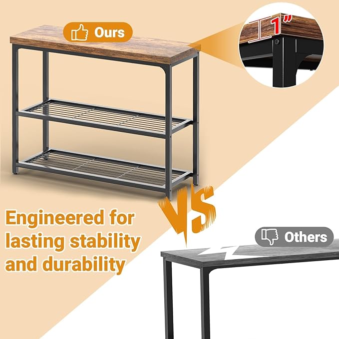 Besiost 32" Small Console Table with Storage, 3-Tier Industrial Narrow Entryway Table with Mesh Shelves, Sofa Table Behind Couch for Hallway Foyer Living Room, Sturdy Metal Frame, Rustic Brown