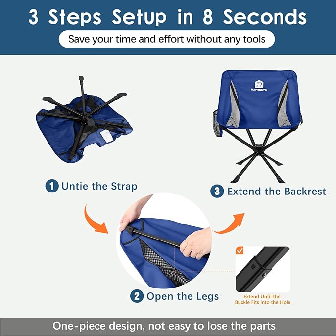 Raynesys 2 Pack Portable Camping Chair, Flexible 360° Rotation, 8 Seconds Quick Setup Folding Camping Chair, 3.8Lb Lightweight Travel Chairs for Easy Carry to Hiking, Sporting, Beach, Blue