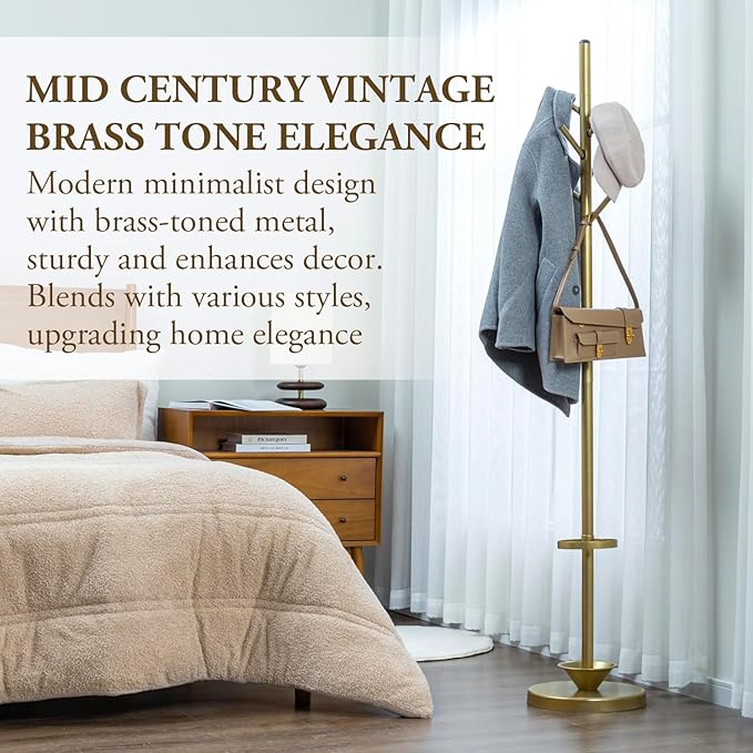 MyGift Freestanding Coat Rack, Modern Brass Tone Metal Hat Organizer Tree and Umbrella Holder Stand with 6 Hanger Hooks for Hanging Clothes Purse Bag Jacket