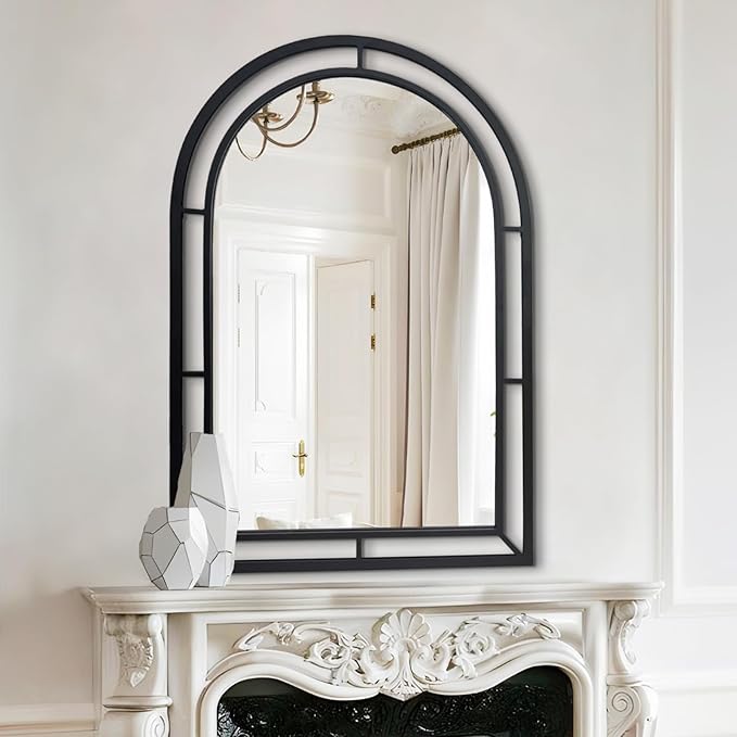 WAMIRRO Concise Window Arched Mirror,Decorative Black Window Pane Mirrors Decor for Fireplace/Entryway/Hallway/Living Room/Bathroom 28"X40"