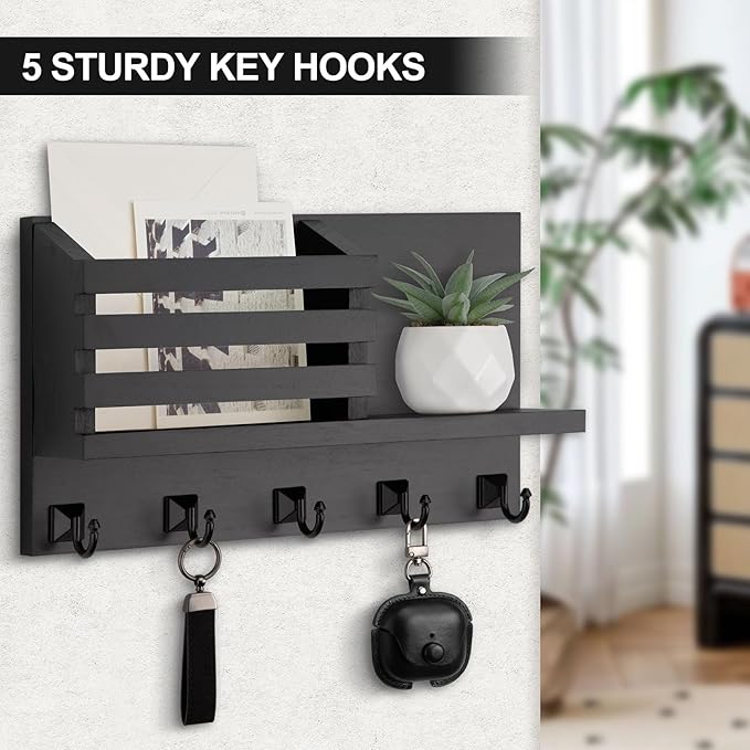 Key Holder Wall Mount, Mail Organizer for Wall with 5 Square Rustic Key Hooks Key Shelf Farmhouse Home Decor for Entryway