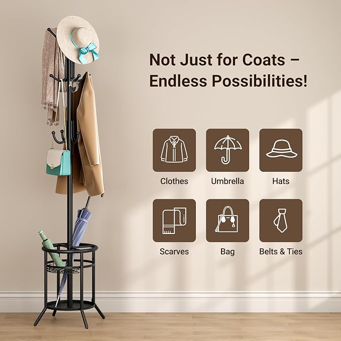 ELYKEN Coat Rack Freestanding, Metal Coat Rack Stand with Umbrella Holder, Modern Coat Tree with 12 Hooks, Floor Standing Corner Hall Tree for Entryway Living Room Bedroom Office, Black