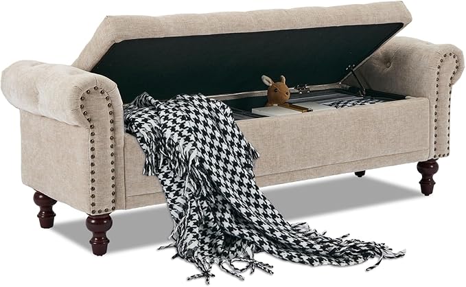 SOFTHION 58.1" Storage Bench Upholstered Chenille End of Bedroom Bed Bench Ottoman with Tufted Cushioned Rolled Arm Large Storage Space for Reading Living Room Entryway, Light Brown