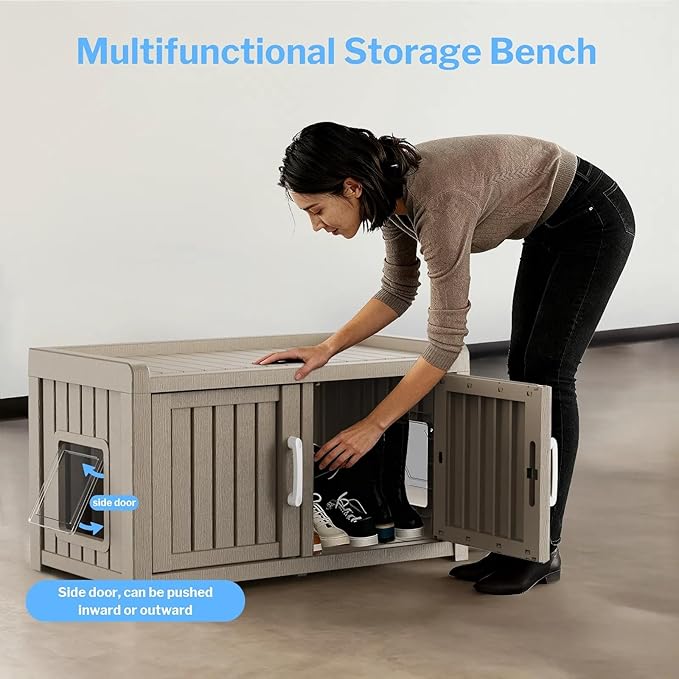 2 Doors Shoe Storage Bench - 2 Side Door Hidden Furniture Cabinet with Storage, Waterproof Entryway Bench with Seat for Indoor Outdoor, Outdoor Shoe Storage for Hallway, Grey