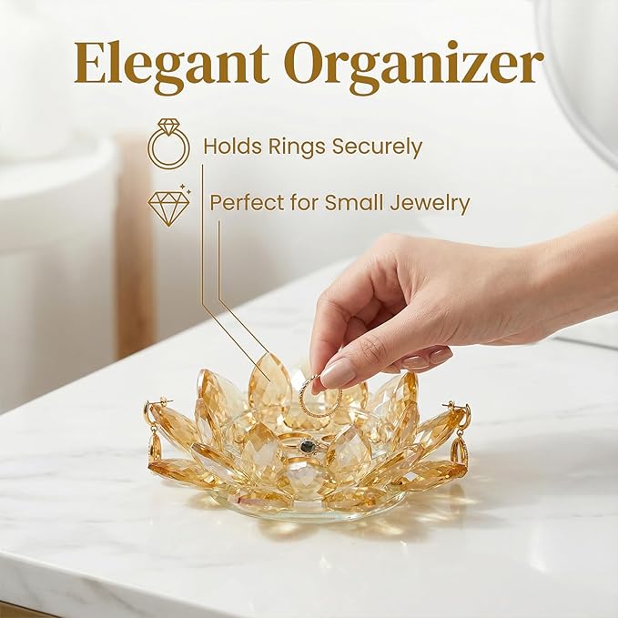 Crystal Flower Jewelry Tray, Transparent Decorative Trinket Dish for Rings, Earrings, Necklaces, Keys for Vanity Dresser Nightstand, Elegant Gift for Women Mother's Day (2, 6.3"(W)- Gold)