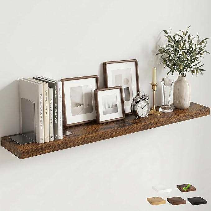 Venusmiles Floating Shelves for Wall, 48 Inch Floating Shelves Set of 1, 6.5" D Wooden Wall Mounted Display Shelves with Invisible Brackets for Living Room, Bedroom, Bathroom, Kitchen Decor, Brown
