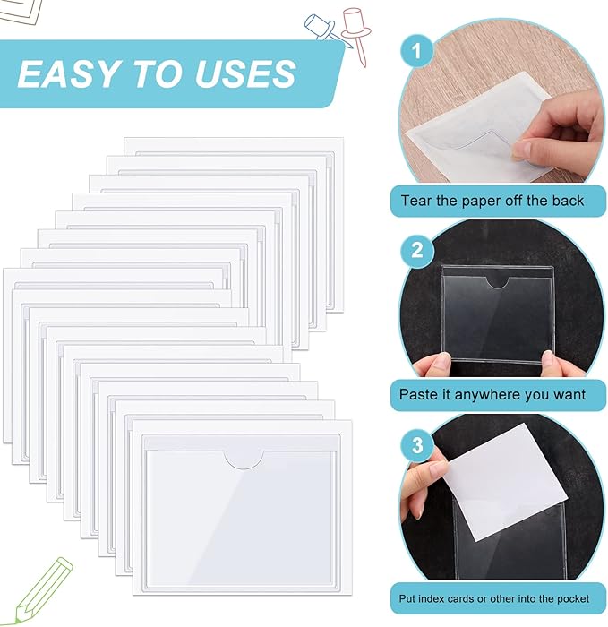Outus 200 Pack 3.1 x 3.9 Inch Self Adhesive Label Pockets Bulk Plastic Labels Holders for Storage Bins Clear Classroom Nameplate Sleeves Index Card Tote Photos Waterproof Protect Office